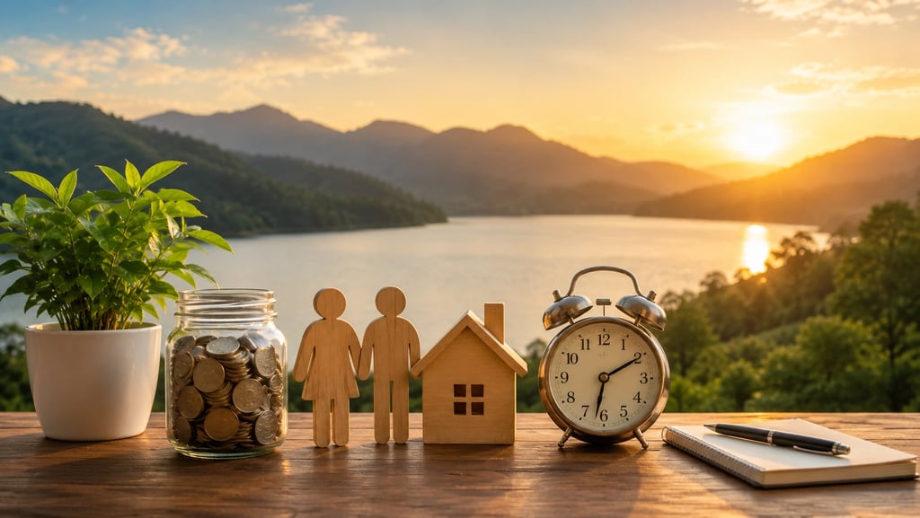 Retirement planning concept with savings jar, clock, house model, and scenic sunset landscape.