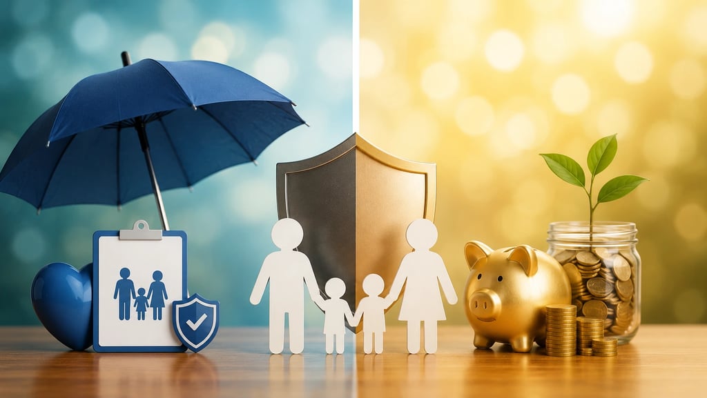 Family protected by insurance on one side and savings growth symbols on the other.