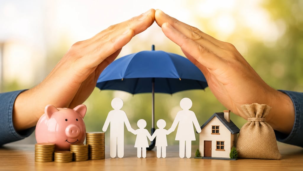 Family protected by financial security symbols including savings, insurance, and a home under protec