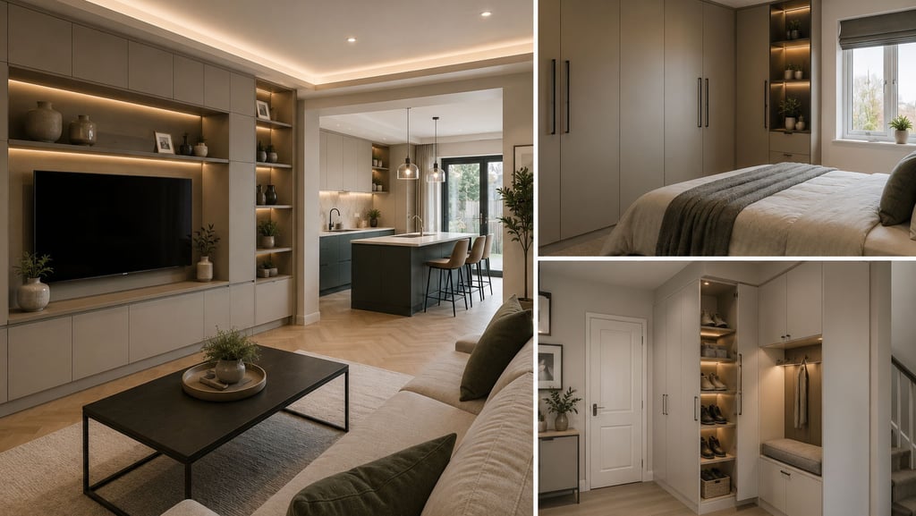Modern bespoke storage solutions for a small UK home including fitted wardrobes, media wall, hallway