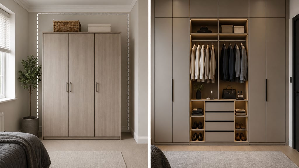 Bespoke fitted wardrobe compared with a freestanding wardrobe in a modern bedroom