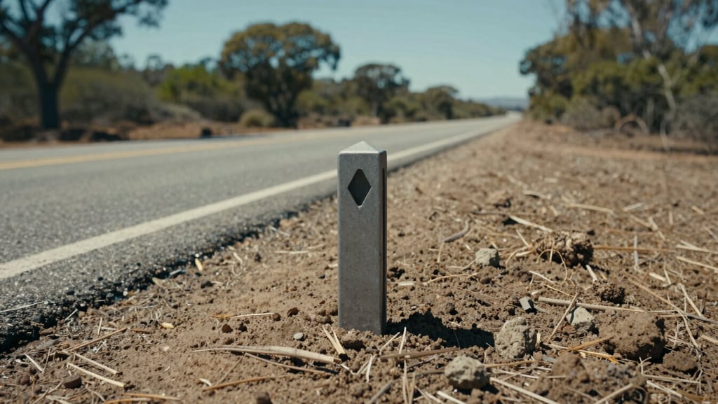 Low-angle ground shot of a land parcel corner marker post set in firm soil, cardinal direction stake visible beside it, access road receding into the background, clear midday light, sparse native vegetation — precise and documentary, no people