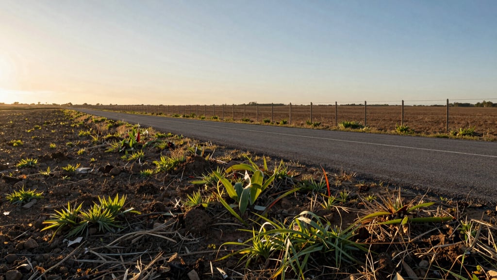 Wide environmental shot from within a raw land parcel looking outward toward the access road, soil type and vegetation clearly visible in the foreground, perimeter fence line in the mid-ground, open sky above, golden hour natural light — no people, no staging