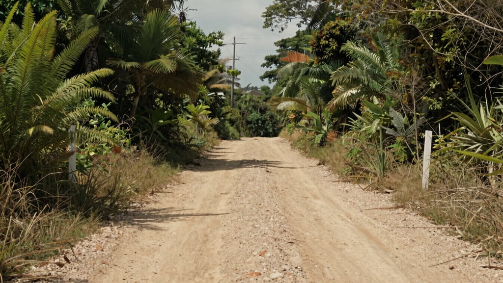 Ground-level approach shot along a dirt access road leading into a raw land parcel, vegetation type visible on both sides, utility pole in the background, midday natural light, lot boundary post visible to the right — wide environmental framing, no people