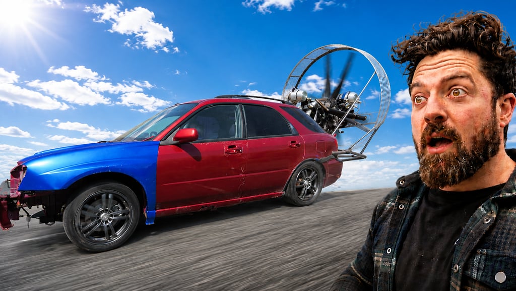 A custom fan-powered car speeding on a road with a surprised man in the foreground.