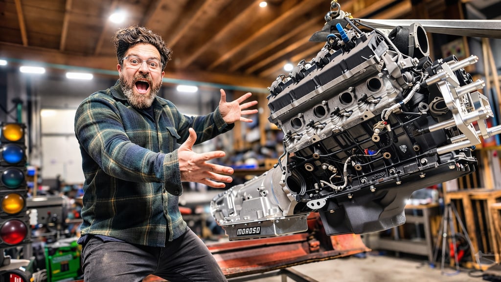 Excited mechanic in a garage posing with a powerful car engine suspended on a hoist.