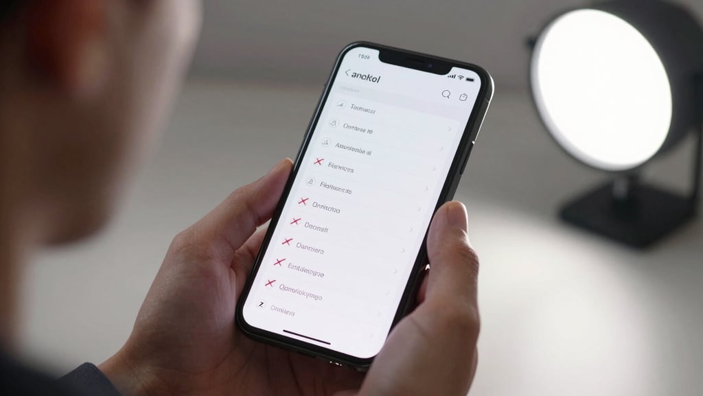 Close-up of an Android phone held in one hand, a feature list visible on screen with several items crossed out, studio light mimicking workspace brightness, over-the-shoulder framing, shallow depth of field on the device