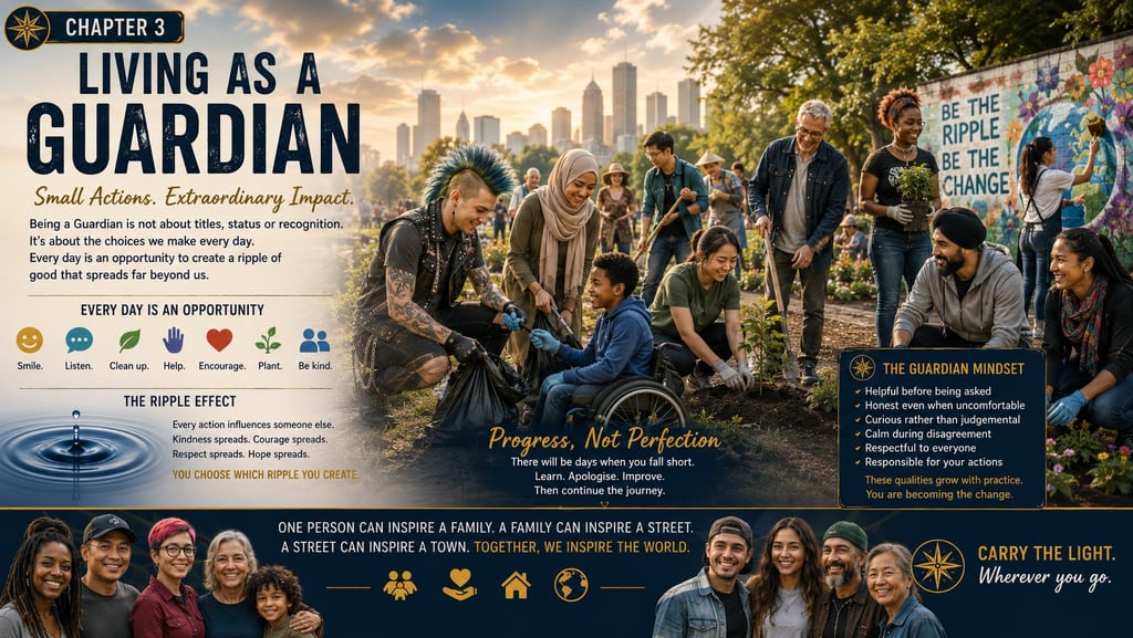 Diverse community volunteers planting trees and cleaning a city park to create a positive ripple effect.