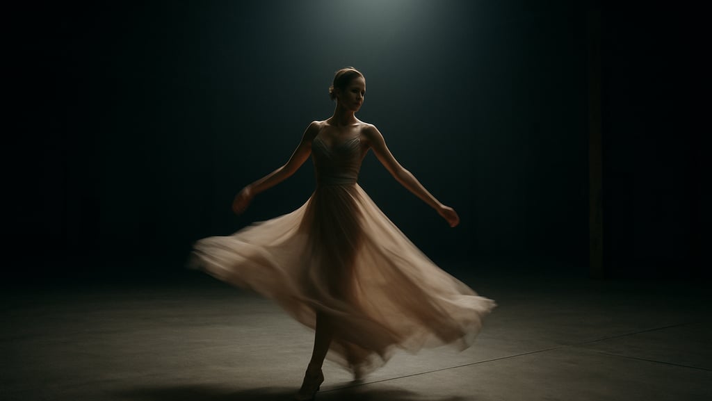 Wide cinematic film-still from a fashion video shoot — model mid-movement in a vast empty industrial studio, harsh spotlight from above, deep shadows at the edges, motion blur on fabric, extracted from a reel, documentary quality, 16:9 ratio feel