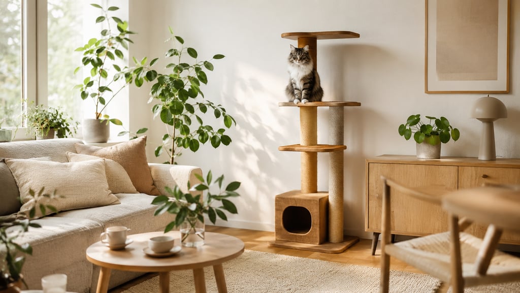 Small living room with a wooden cat tree, sisal posts, indoor plants and a cat sitting on the platform.