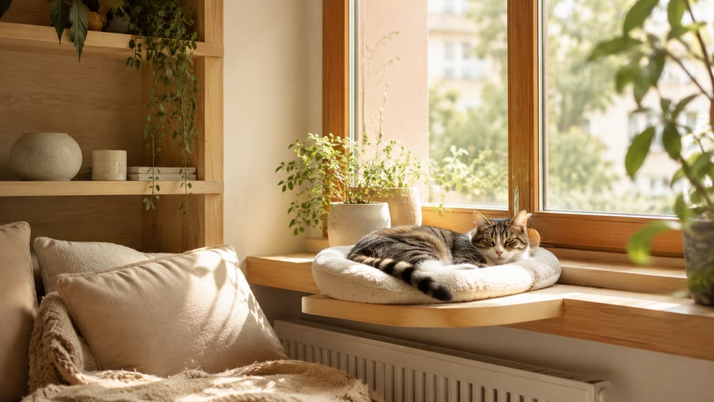 Cozy window cat perch with soft cushion, warm sunlight, indoor plants and a cat resting by the window.