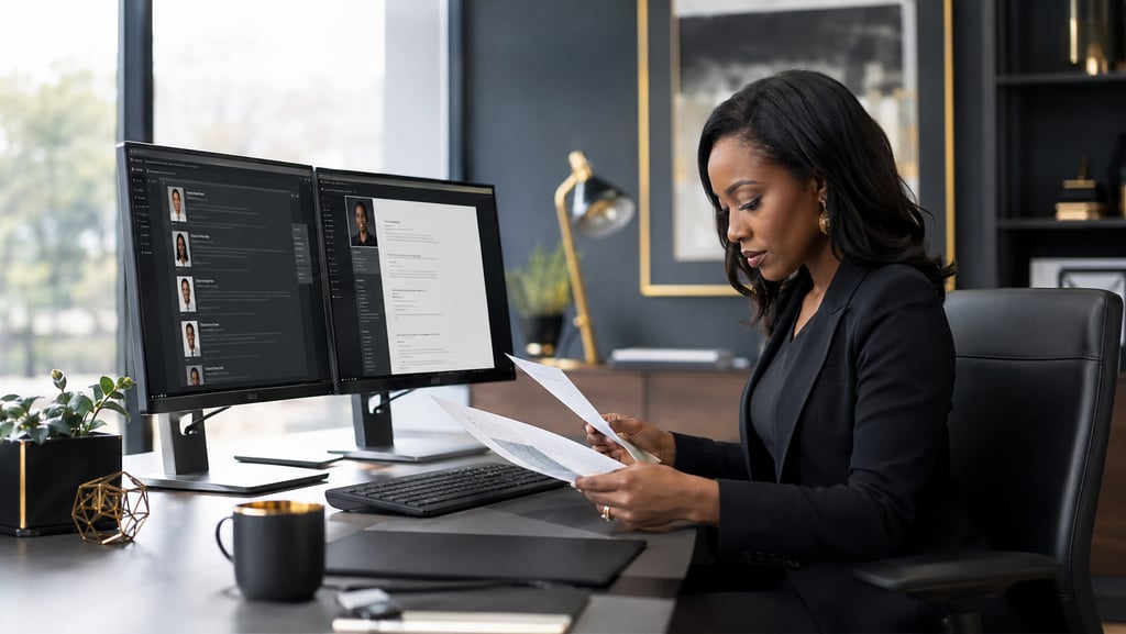 Professional female recruiter reviewing resumes on dual monitors and paper in a modern office.