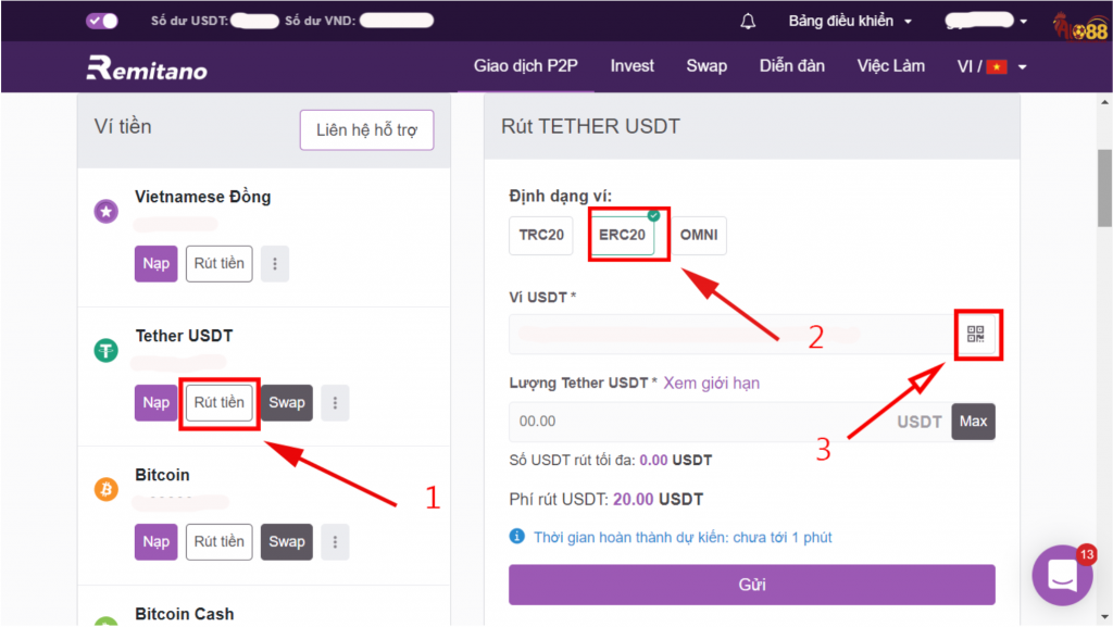 Rút tiền USDT từ Remitano