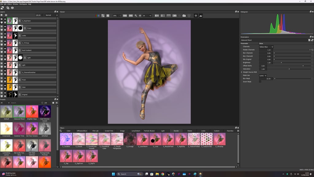 Boris Optics screenshot for editing ballerina image series by Philip Preston.