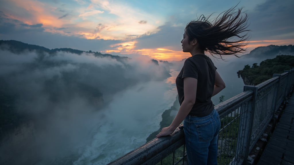 Woman at a cliff’s edge, in deep contemplation, symbolizing mental struggle & weight of suicidality