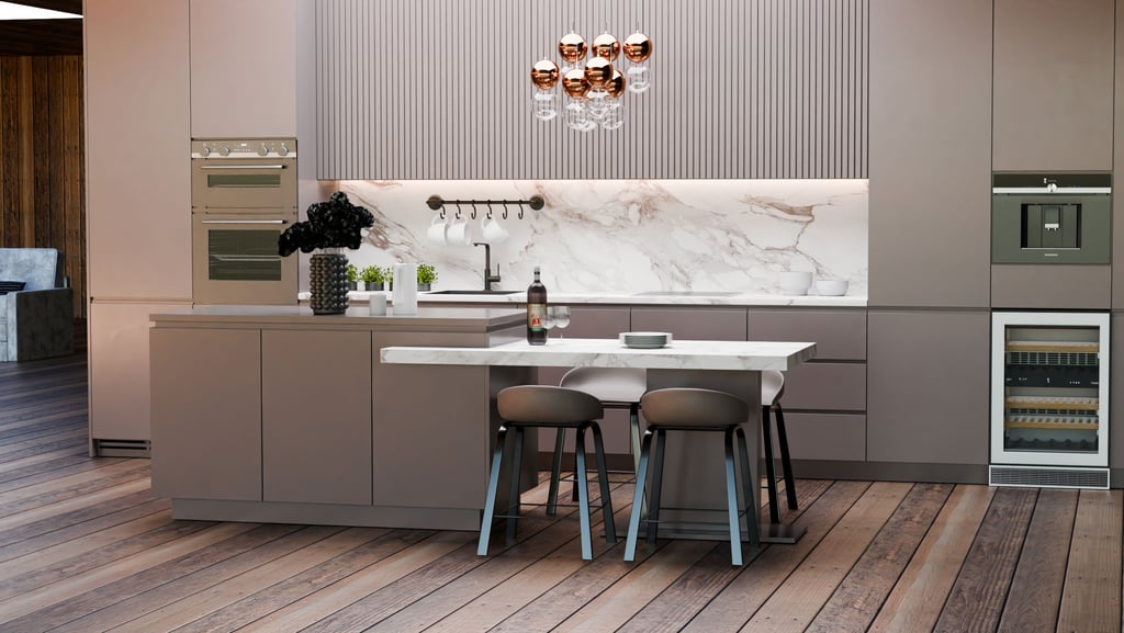 Image of a 3D render of a modern kitchen.
