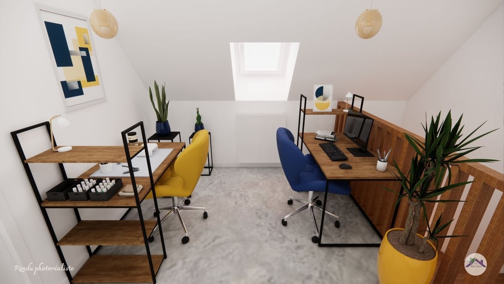 Aménagement bureau couleur jaune et bleu électrique et mobilier au style industriel