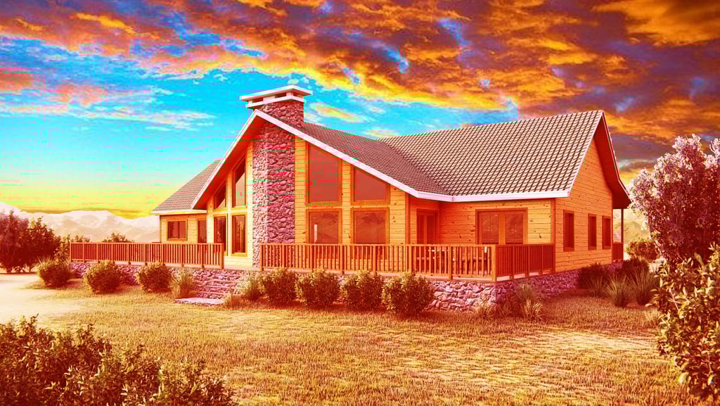 a house with a large porch and a large stone wall