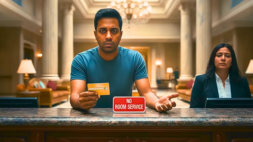 Frustrated tourist holding a credit card at a luxury hotel desk next to a sign that reads 'NO ROOM SERVICE'.