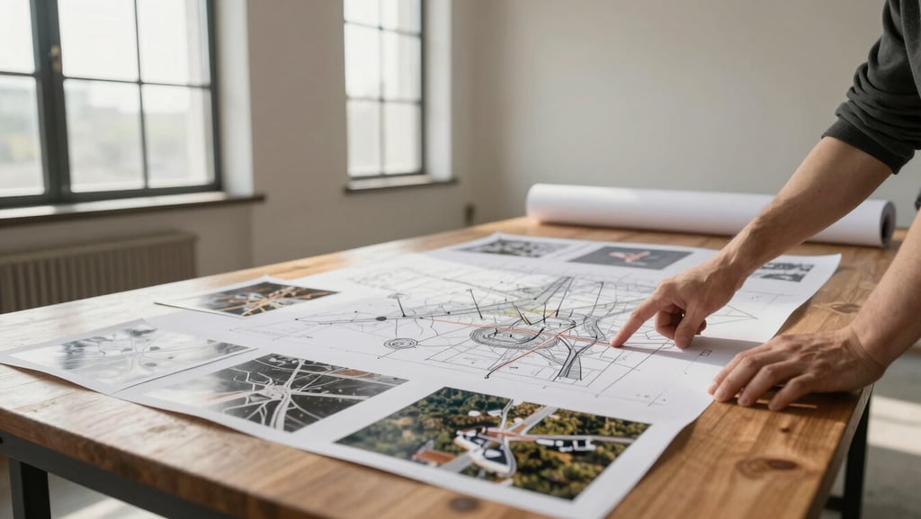 Wide environmental shot inside a sparse working room: a large wooden table holds hand-drawn diagrams and annotated aerial photographs pinned flat, two sets of hands visible from above pointing at different parts of the map, north-facing daylight through tall windows, deep shadows at the table edges, no faces, warm off-white wall in the background, a rolled paper diagram leaning against the far wall
