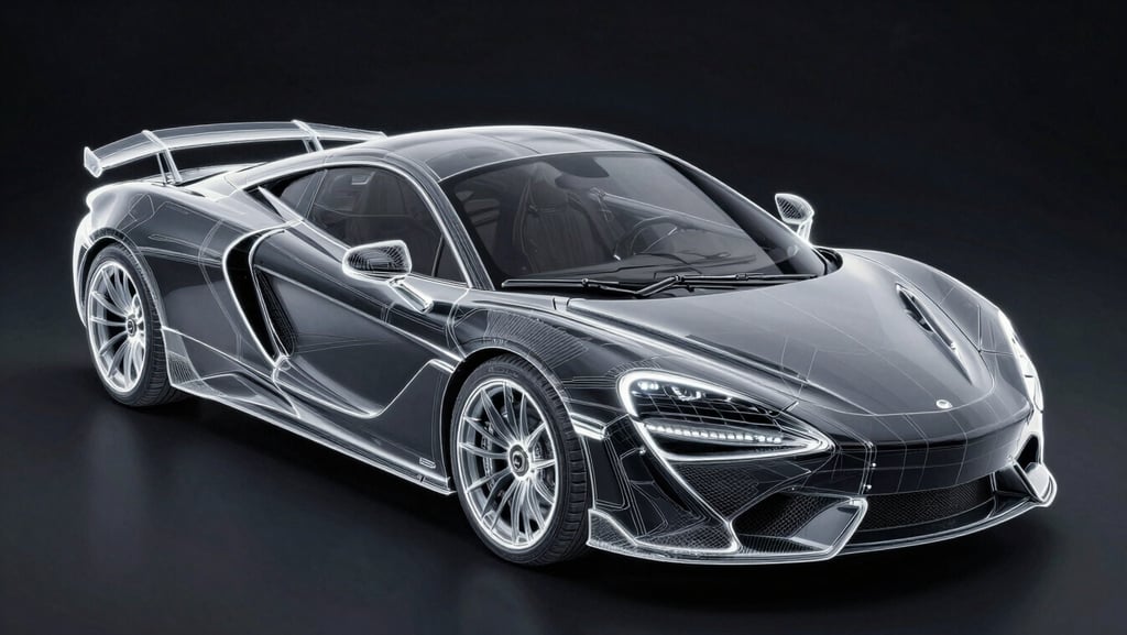 A glowing digital wireframe blueprint of a luxury sports car, highlighting precision computer-cut PPF template panels, high-tech interface aesthetic, deep obsidian background.