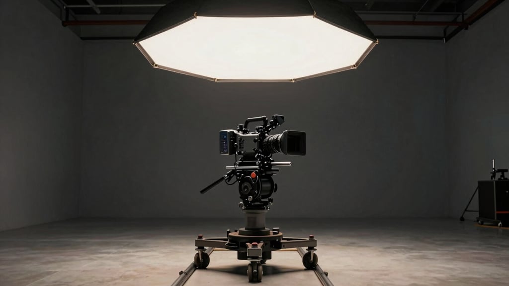 Wide environmental production still of a video shoot in progress: cinema camera on a dolly track inside a clean industrial studio space, a single product-hero scene lit by a large octabox from above, no crew faces visible, focus on the rig and the lit subject, charcoal walls and warm key light