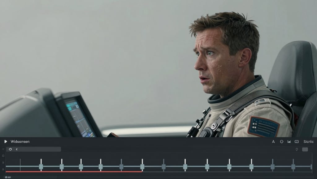 Widescreen digital animatic interface showing a sci-fi cockpit sequence, rough pencil sketch of a pilot looking alarmed, timeline with keyframe markers visible below, neutral grey background.