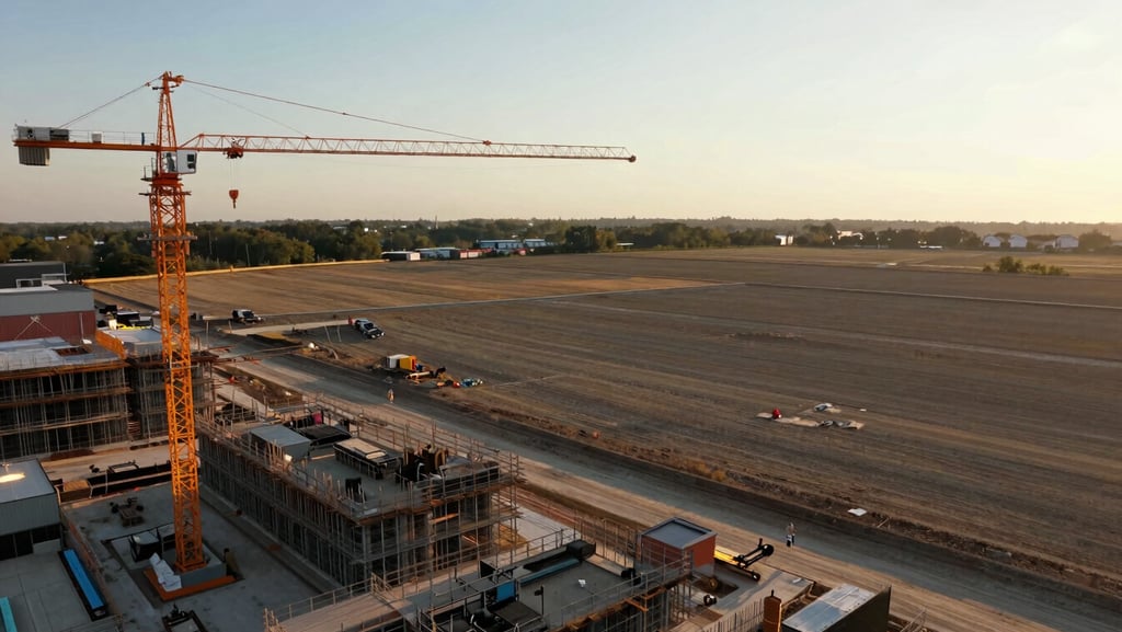 Wide panoramic still-frame from aerial video footage over an active construction site at golden hour, crane and steel structure visible in the left third, expansive flat terrain extending to the right, natural warm light, no people visible, documentary framing