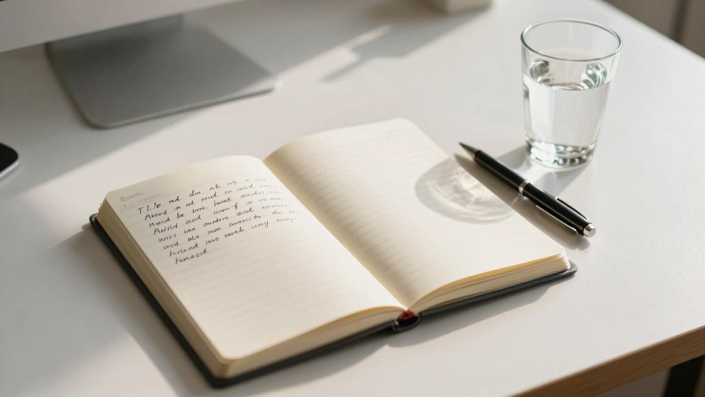 Wide shot of a calm, ordered desk from above — open notebook with handwritten notes, a glass of water, a pen resting beside it, morning north-facing light streaming across the surface, no clutter