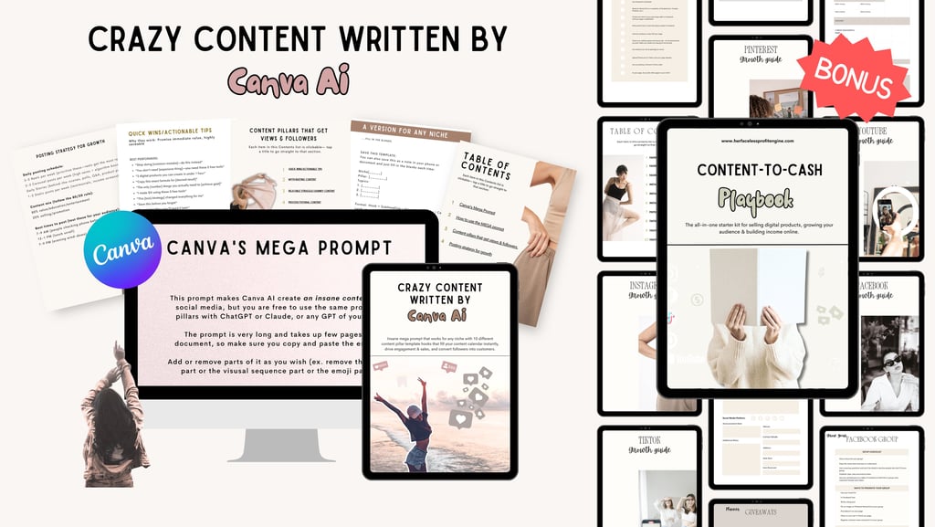 Digital marketing guide for Canva AI mega prompts and content creation playbook strategy on a computer screen.