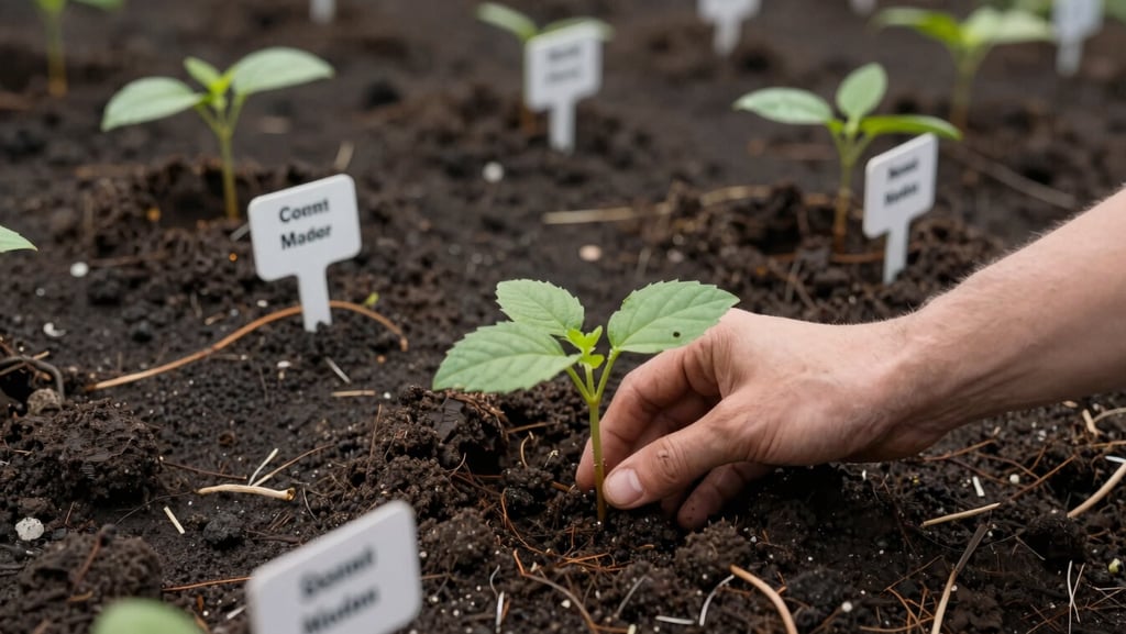 Close-up overhead of a freshly planted agroforestry row on a volcanic soil slope in Madeira, species identification tags visible on small stakes, hand placing a seedling into dark earth, natural daylight