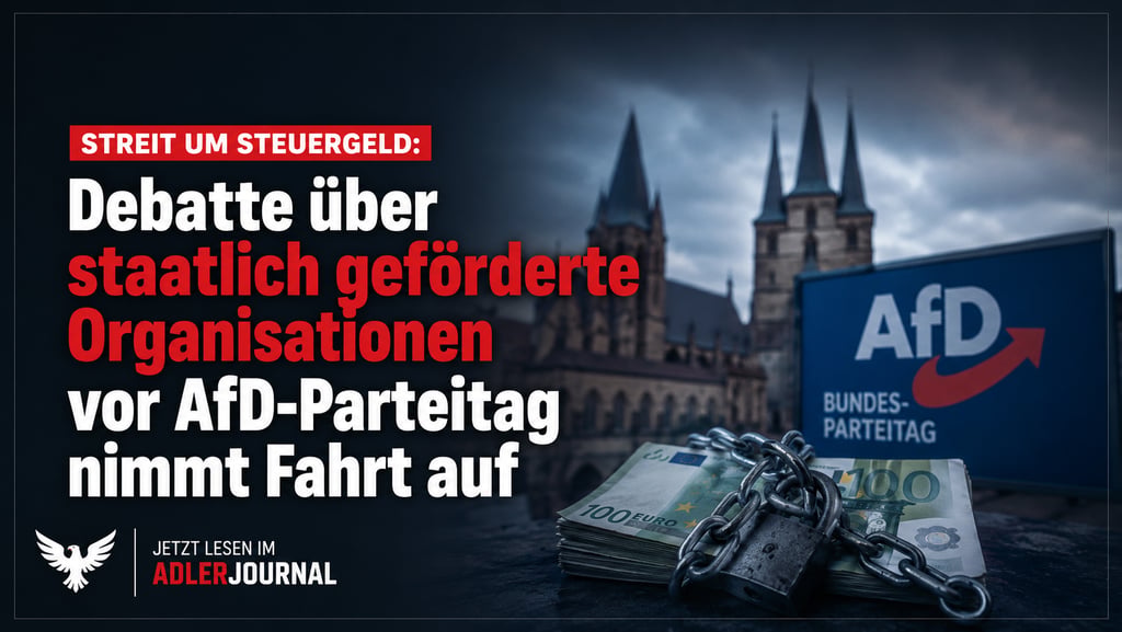 Ein AfD-Parteitagsschild neben aneinandergereihten Euro-Scheinen, die die Debatten um die Steuerfina