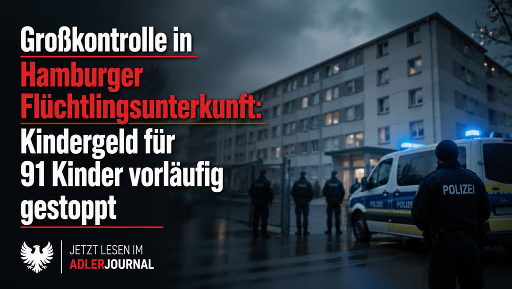 Deutsches Polizeifahrzeug und Beamte vor einer Hamburger Flüchtlingsunterkunft bei Nacht mit einem N