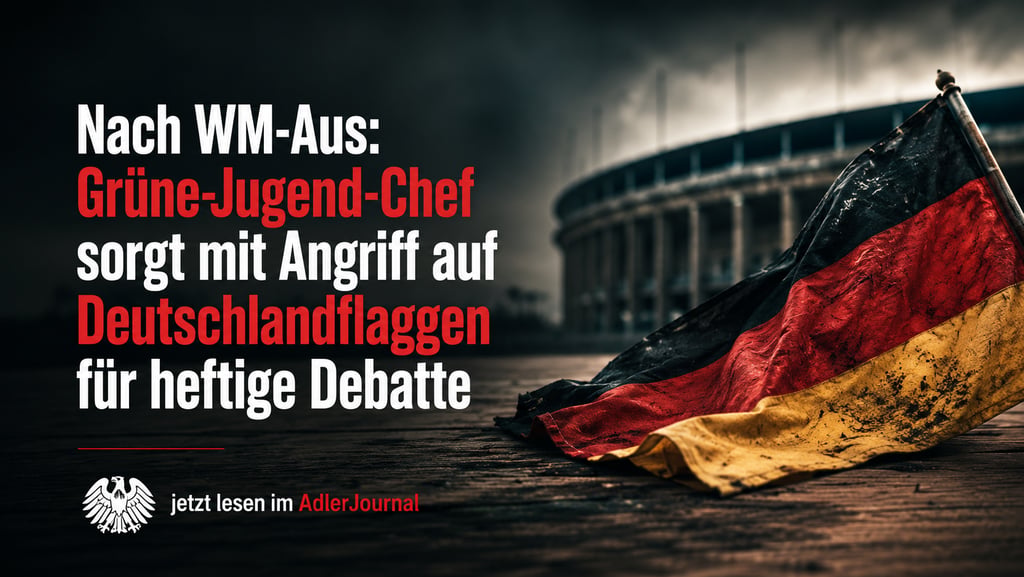 Deutsche Flagge auf dem Boden vor Stadionhintergrund und Text zur Debatte um die Flagge der Grünen J