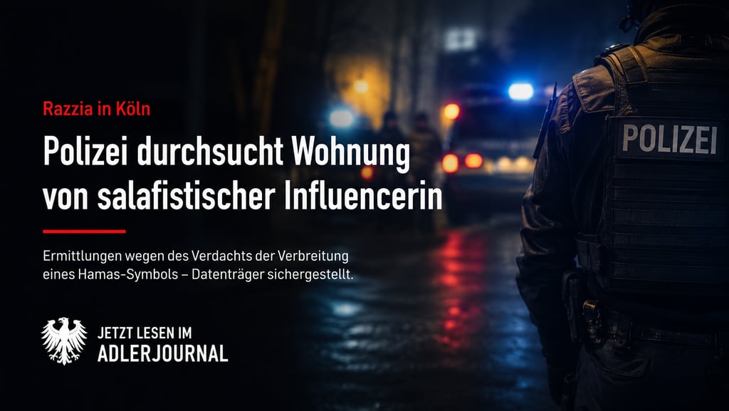 Ein deutscher Polizist bei einer nächtlichen Razzia in Köln mit blinkendem Blaulicht und einer Meldu