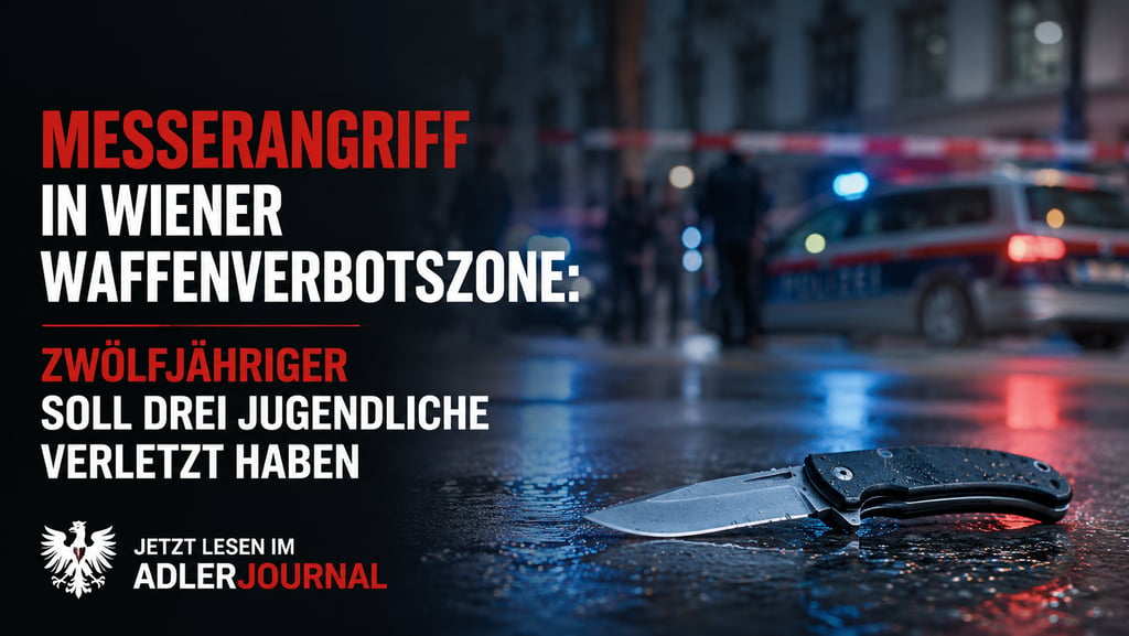 Messer auf nassem Gehweg an einem Tatort mit Blaulicht und deutschem Nachrichtentext über einen Ansc