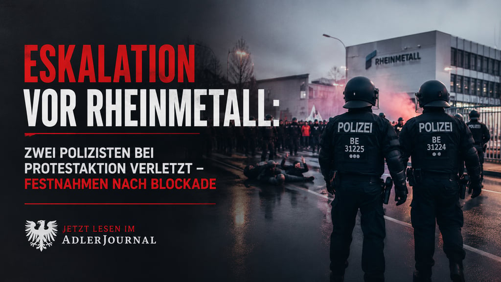 Deutsche Polizisten in Schutzausrüstung stehen einer Protestblockade am Rheinmetall-Gebäude gegenübe