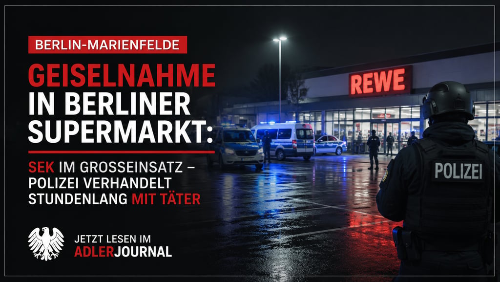 Deutsche Polizei und SEK-Beamte rücken zu einer Geiselnahme in einem Rewe-Supermarkt in Berlin-Marie