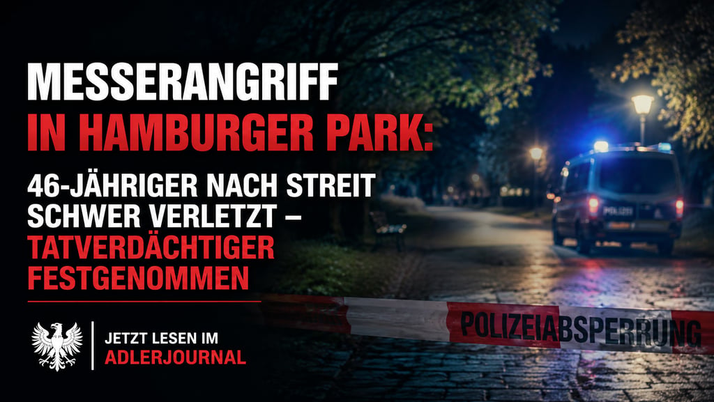 Ein Polizeiwagen am Tatort in einem Hamburger Park bei Nacht, mit Absperrband und einer Eilmeldung.