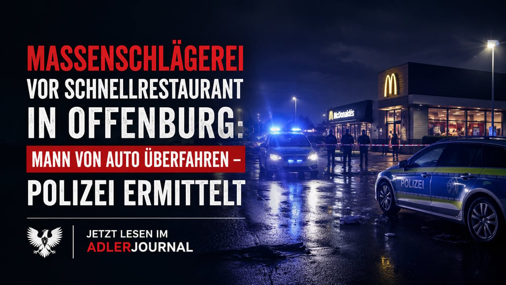 Polizeiautos mit Blaulicht am nächtlichen Tatort vor einem McDonald's-Restaurant in Offenburg.