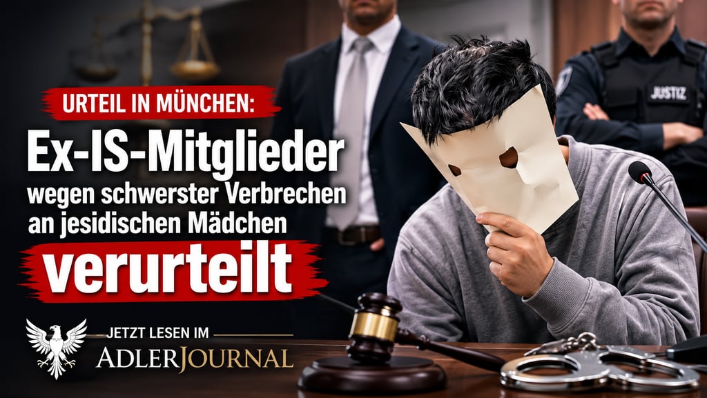 Maskierter Angeklagter in einem Münchner Gerichtssaal bei einem Prozess gegen ehemalige IS-Mitgliede
