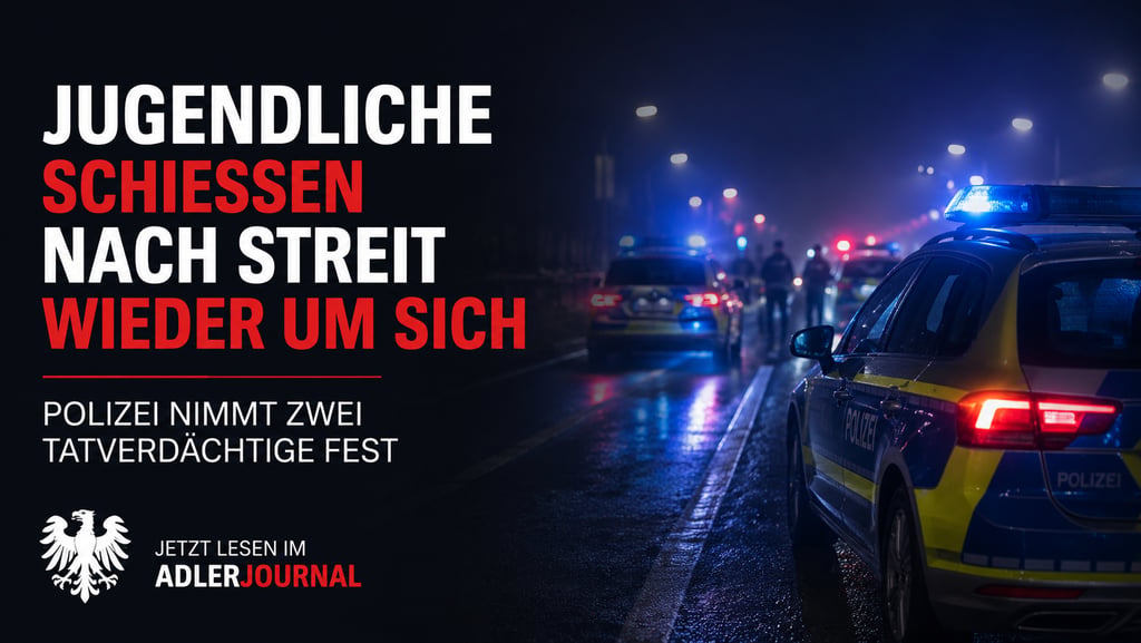 Deutsche Polizeiwagen mit Blaulicht an einem Tatort bei Nacht, dazu eine Meldung über einen Schusswa