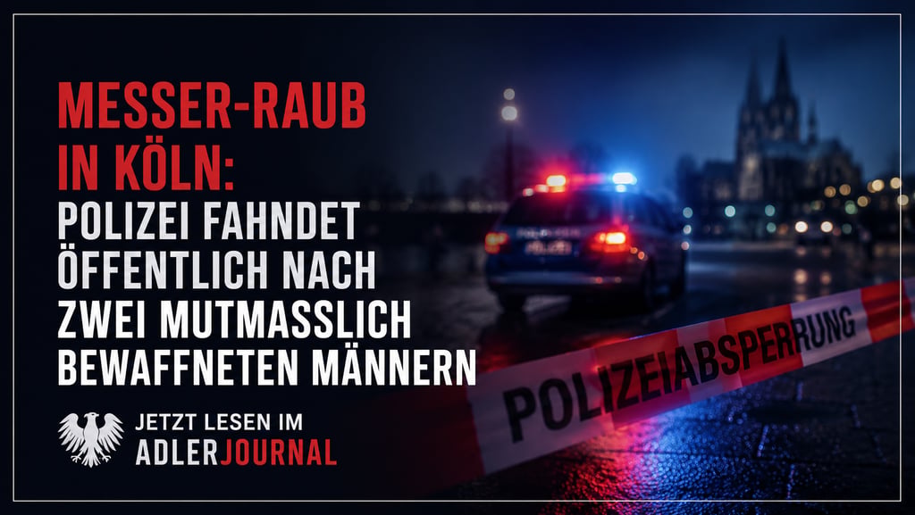 Polizeiabsperrung in Köln bei Nacht mit Polizeiauto vor dem Dom wegen eines bewaffneten Messer-Raubs.