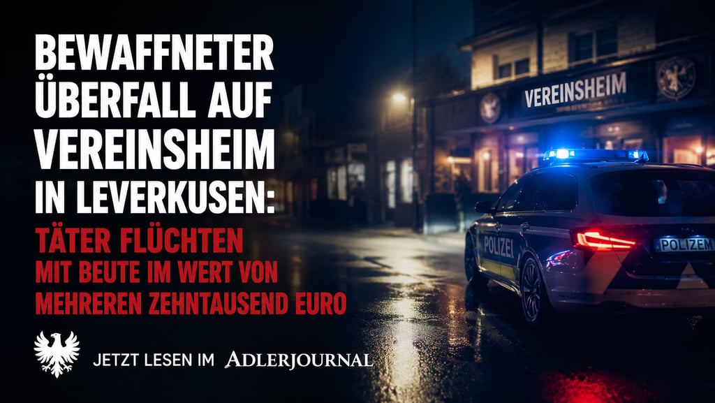 Polizeiwagen mit Blaulicht vor einem Vereinsheim in Leverkusen nach einem bewaffneten Raubüberfall.