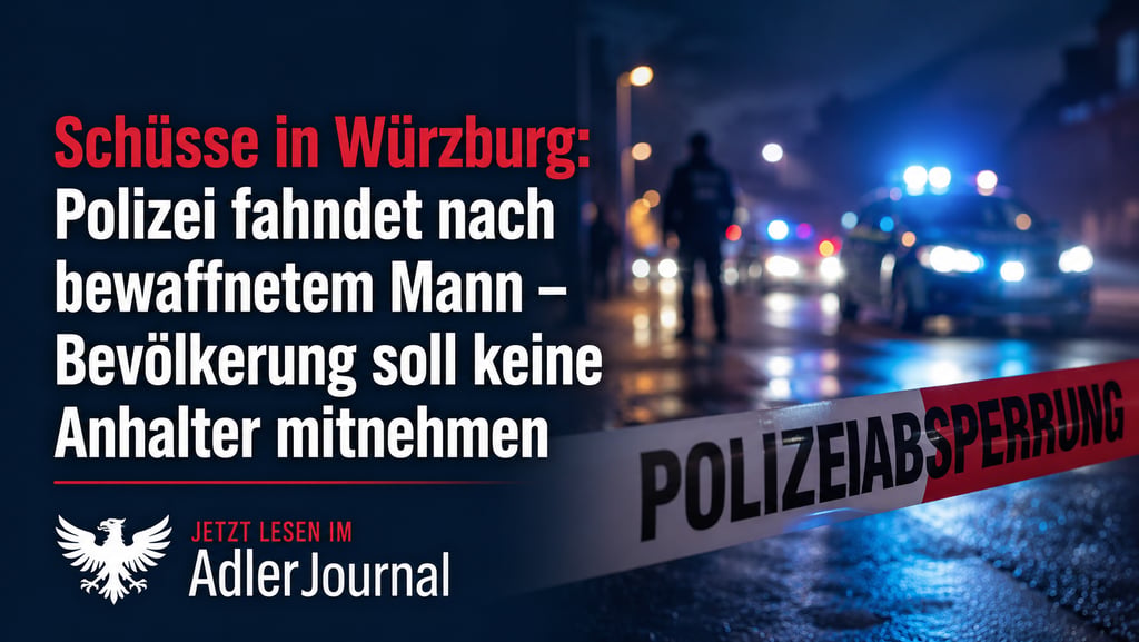 Polizeiabsperrung in Würzburg bei Nacht mit Polizeiautos und Schlagzeile zur Fahndung nach bewaffnetem Täter.