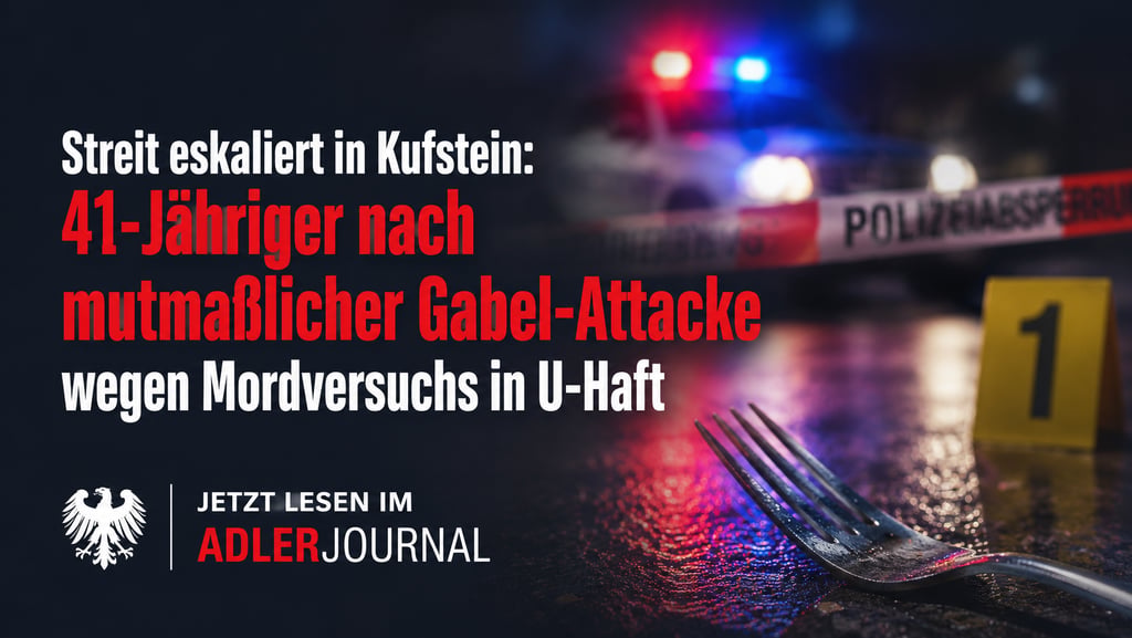 Polizeilicher Tatort in Kufstein mit einer Gabel als Beweismittel, Absperrband und Blaulicht.