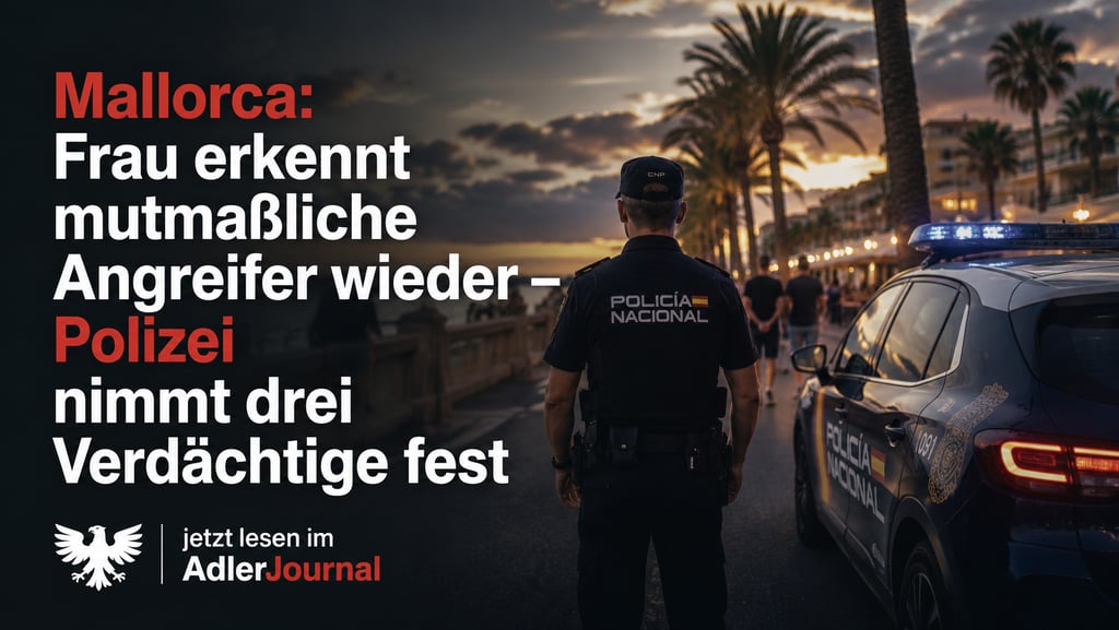 Ein Beamter der spanischen Policia Nacional steht während eines Nachrichtenberichts bei Sonnenunterg