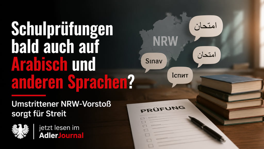 Infografik über NEUE Schulprüfungen in Arabisch und anderen Sprachen mit Text und Prüfungsunterlagen