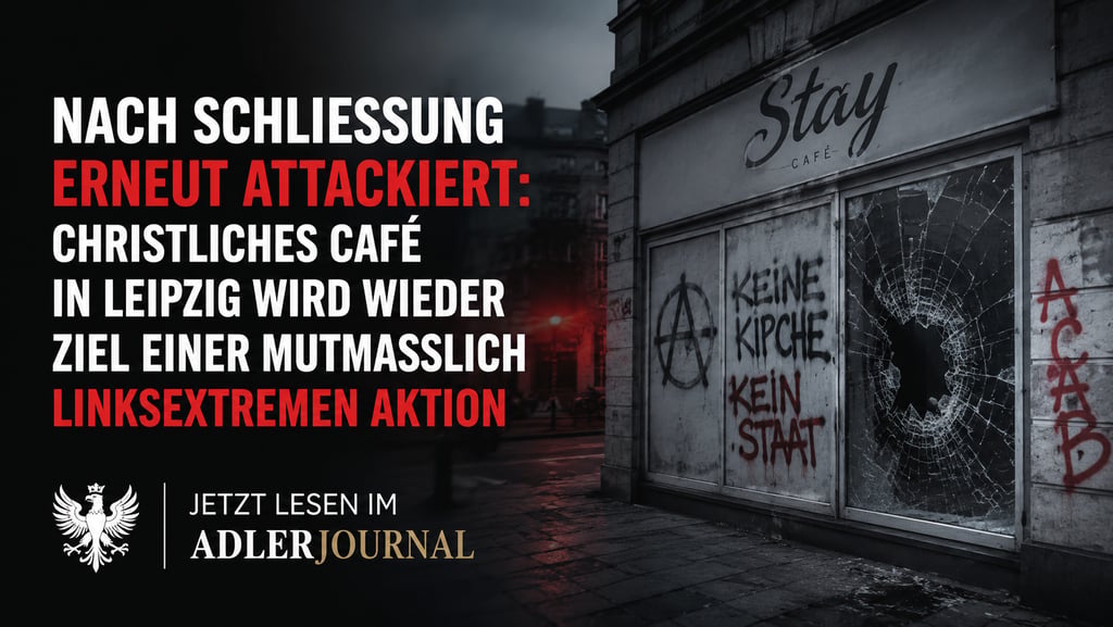 Vandalisierte Fassade des Stay Cafés in Leipzig mit Graffiti und zerbrochener Fensterscheibe, Berich