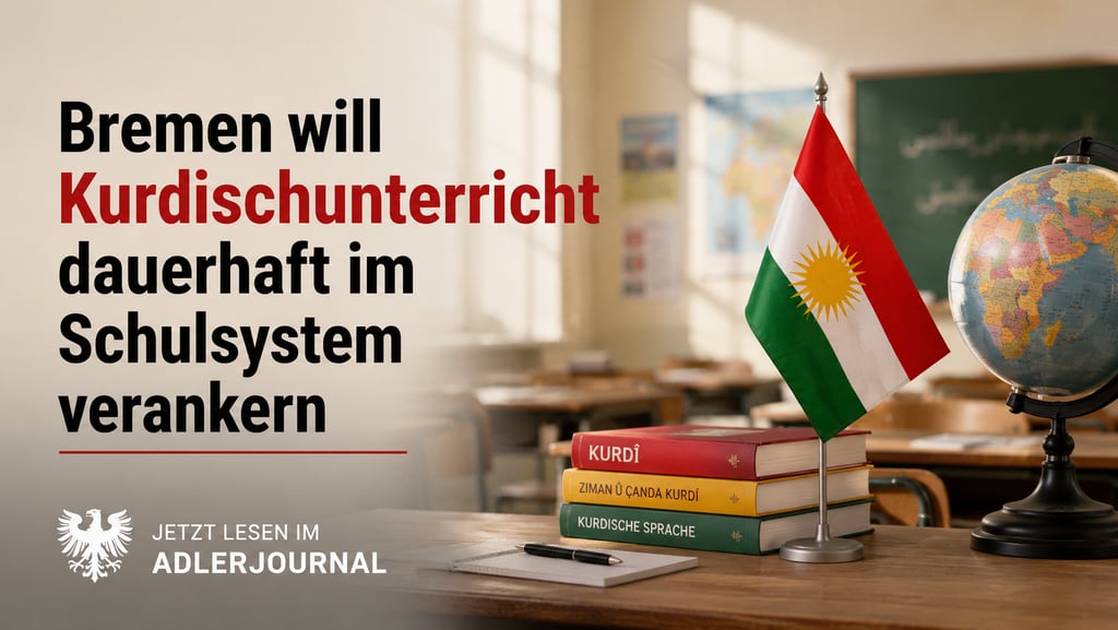 Kurdische Flagge auf Büchern in einem Klassenzimmer mit deutschem Text über den Kurdischunterricht a